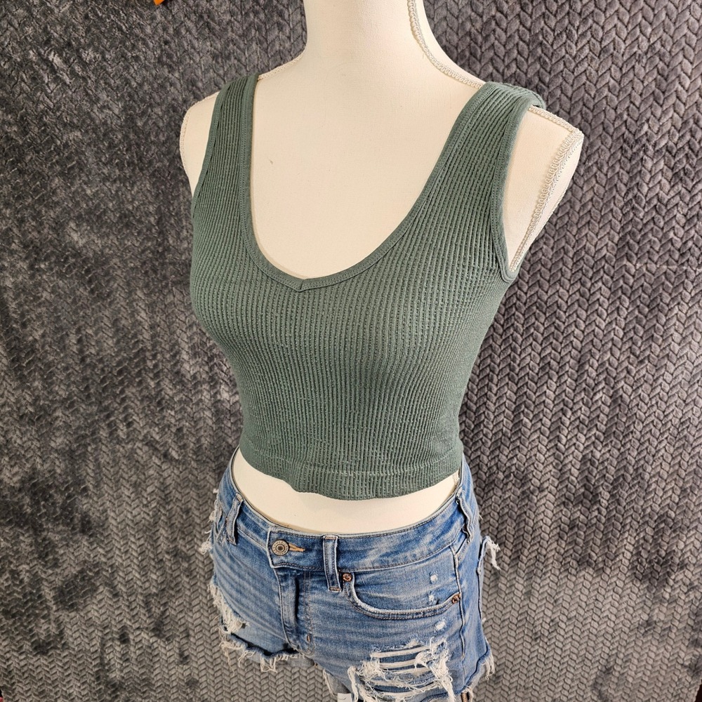 Women Olive Green Ribbed Knit V-Neck Seamless Cropped Tank Top Sleeveless S/M